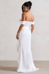 Cream Satin Bardot Maxi Dress With Detachable Skirt